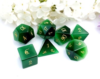 Emerald Cat's Eye Gemstone DnD Dice Set, Polyhedral dice, D&D dice, Dungeons and Dragons, Table Top Role Playing Dice. Real Stone Glass Dice