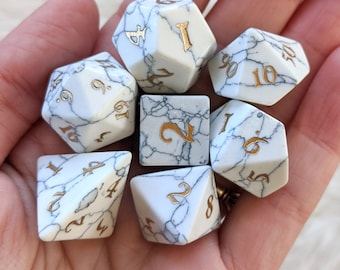 White Howlite Gemstone DnD Dice Set - 7pc Sharp Edge Polyhedral RPG Dice