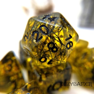 Gilded Web Dice Set, Polyhedral dice, D&D dice, Dungeons and Dragons, Table Top Role Playing. Enchanted spider web amber dice