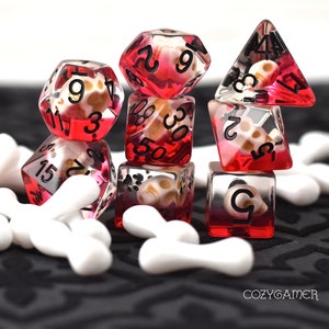 Pool of Blood and Skulls Dice Set, TTRPG Polyhedral dice, D&D dice, Dungeons and Dragons, Table Top Role Playing. Blood and bone dice set
