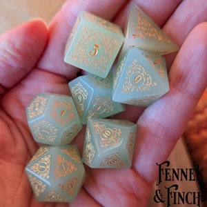 Garden Gate Milky Green Glass DnD Dice Set, Polyhedral dice, D&D dice, Dungeons and Dragons, TTRPG Dice. Real Glass Dice Set