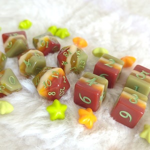 Autumn Arbor DnD Dice Set with Green Font, Polyhedral dice, D&D dice, Dungeons and Dragons, Table Top Role Playing. Earthy Layered Dice