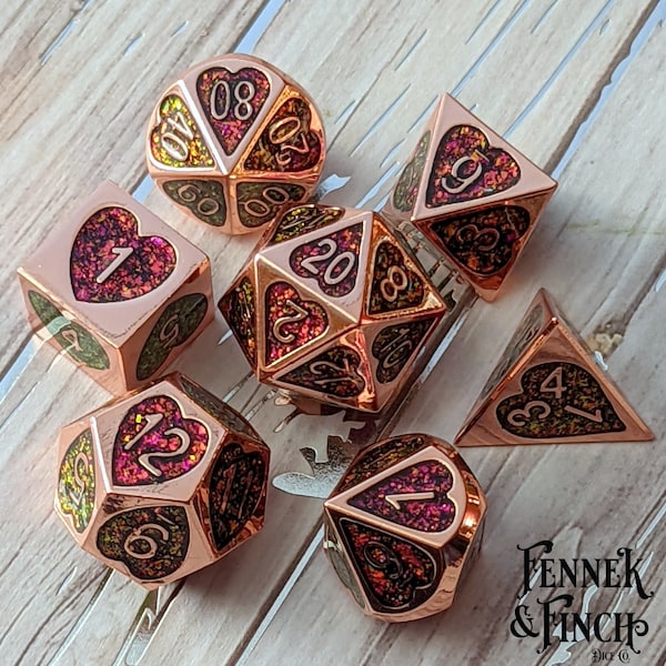 Romance Addict Metal Dice DnD 7pc Dice Set, Polyhedral dice, D&D dice, Dungeons and Dragons, Table Top Role Playing. Heart Shaped Metal Dice