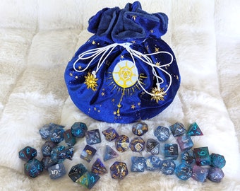 Cleric Multi pocket dice bag. Transportable dice storage for TTRPG dice and miniatures. D20 Cleric class embroidered dice bag in starry blue