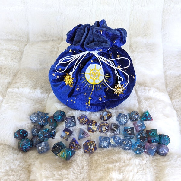 Cleric Multi pocket dice bag. Transportable dice storage for TTRPG dice and miniatures. D20 Cleric class embroidered dice bag in starry blue