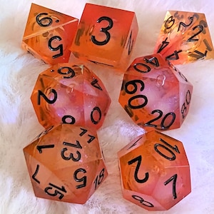 Liquid Fire Liquid Core DnD Dice Set, Polyhedral dice, D&D dice, Dungeons and Dragons, Table Top Role Playing Dice. Sharp Edge Dice