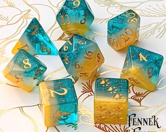 Beach Party Dice Set, TTRPG Polyhedral dice, D&D dice, Dungeons and Dragons, Table Top Role Playing. Layered Ocean Shore Themed Dice Set