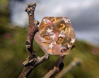 Harvest Moon Dice Set - Clear Resin, White Stars, Gold Font, Polyhedral Dice, 7pc TTRPG, Original Design