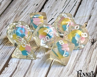 Unicorn Swirl Candy Dice Set | Clear Resin DnD Dice with Mini Clay Candy Inclusions