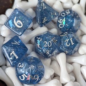 Storm Daddy Dice Sets- DnD 7 Piece Dice set, Dice Set for Dungeons and Dragons. D20 TTRPG Dice. Storm Dice, lightning blue resin dice