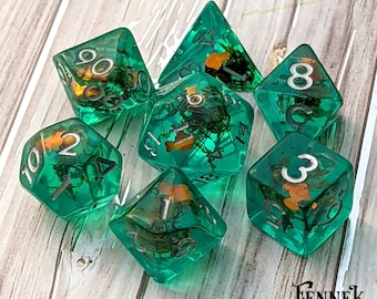 Goldfish Pond Dice Set, TTRPG Polyhedral dice, D&D dice, Dungeons and Dragons, Table Top Role Playing. Teal resin with fish and dried plants