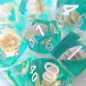 May include: A set of six turquoise blue dice with white numbers and a seashell design. The dice are translucent and show the seashells inside.