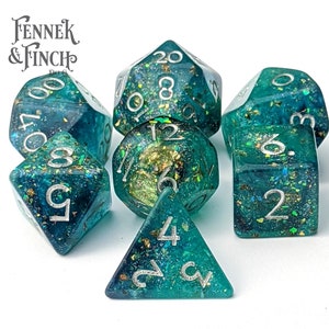 Saltmarsh Dice Set, TTRPG Polyhedral dice, D&D dice, Dungeons and Dragons, Table Top Role Playing. Translucent Glitter Flake and Foil Dice