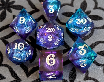 Liquid Core DnD Dice Set in Blue and Purple, Polyhedral dice, D&D dice, Dungeons and Dragons, Table Top Role Playing Dice. Sharp Edge Dice