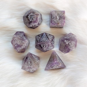 Garden Gate Amethyst Gemstone DnD Dice Set, Polyhedral dice, D&D dice, Dungeons and Dragons, TTRPG Dice. Real Stone Dice Set