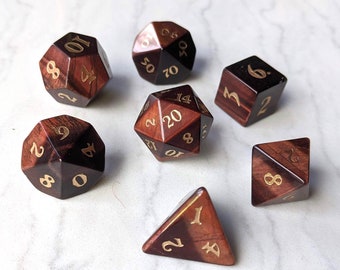 Red Tiger Eye Gemstone DnD 7pc Dice Set, Polyhedral dice, D&D dice, Dungeons and Dragons, Table Top Role Playing Dice. Real Stone Dice Set