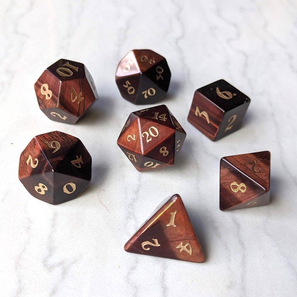 Red Tiger Eye Gemstone DnD 7pc Dice Set, Polyhedral dice, D&D dice, Dungeons and Dragons, Table Top Role Playing Dice. Real Stone Dice Set