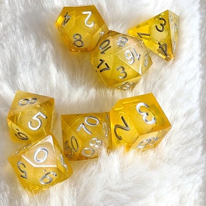 Cutie Lemon Squeezy Liquid Core DnD Dice Set, Polyhedral dice, D&D dice, Dungeons and Dragons, Table Top Role Playing Dice. Sharp Edge Dice
