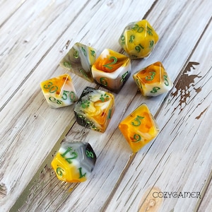 Calico Cat Dice Set – 8 Piece TTRPG Dice for DnD, Dungeons and Dragons, Cat Themed Polyhedral Dice with Bonus Paw D6, Orange Black White