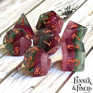 Shimmering Fluorite TTRPG Dice Set, Polyhedral dice, D&D dice, Dungeons and Dragons, Table Top Role Playing. Rainbow Layered with Glitter