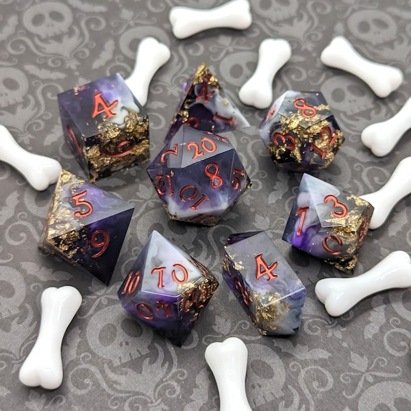 Bone Empress DnD Dice Set, Polyhedral dice, D&D dice, Dungeons and Dragons, Table Top Role Playing. Sharp Edge Dice with Marbled Purple