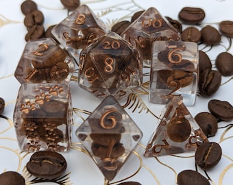 Coffee Bean DnD Dice Set: Real Coffee, Copper Font