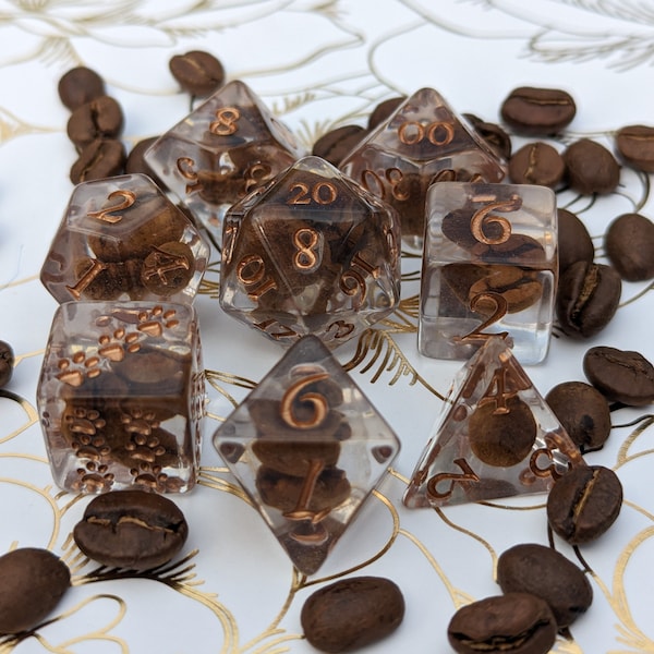 Coffee Bean DnD Dice Set, Polyhedral dice, D&D dice, Dungeons and Dragons, Table Top Role Playing. Real coffee beans in resin dice