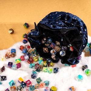 Blue and Black Velvet Starry Dice Bag: Plush TTRPG Storage with Multiple Pockets image 4