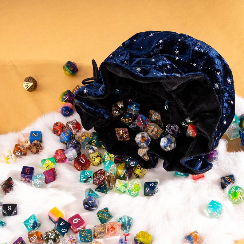 Blue and Black Velvet Starry Dice Bag: Plush TTRPG Storage with Multiple Pockets image 4