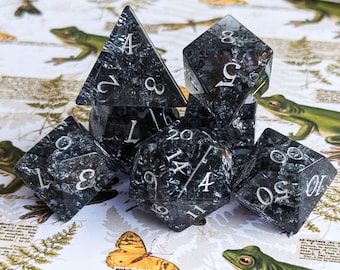 Black Crackled Glass DnD Dice Set, Polyhedral dice, D&D dice, Dungeons and Dragons, Table Top Role Playing Dice. Real Glass Dice Set