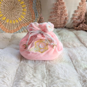 Dreamy Multi pocket dice bag. Transportable dice storage for TTRPG dice and miniatures. D20 moon and clouds embroidered dice bag in pink image 4