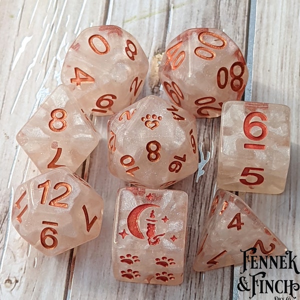 Holy Nexus Dice Set, Polyhedral dice, TTRPG, D&D dice, Dungeons and Dragons, Table Top Role Playing. White resin dice with copper font