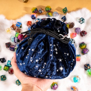 Blue and Black Velvet Starry Dice Bag: Plush TTRPG Storage with Multiple Pockets image 3