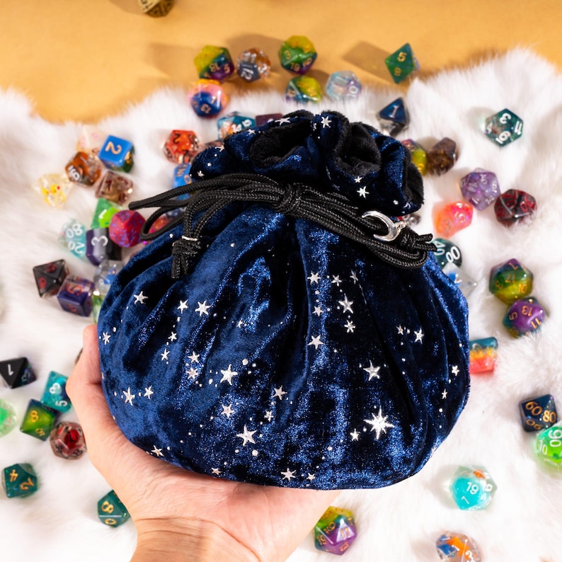 Blue and Black Velvet Starry Dice Bag: Plush TTRPG Storage with Multiple Pockets image 3