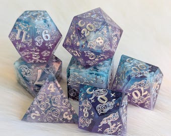 Dreamy Amethyst Sky – Sharp Edge Resin Dice Set Polyhedral dice, D&D dice, Dungeons and Dragons, Table Top Role Playing Dice.