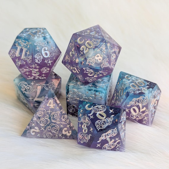 Dreamy Amethyst Sky – Sharp Edge Resin Dice Set Polyhedral dice, D&D dice, Dungeons and Dragons, Table Top Role Playing Dice.