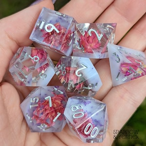 Blush Kiss TTRPG Dice Set, Polyhedral dice, D&D dice, Dungeons and Dragons, Table Top Role Playing. Sharp Edge with dried flowers, glitter