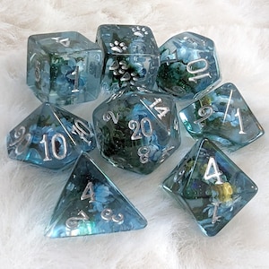 Blue Flowers and Moss Dice Set, TTRPG Dice, Polyhedral dice, D&D dice, Dungeons and Dragons, Table Top Role Playing, Real flowers plant dice