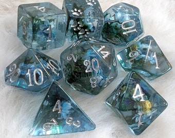 Blue Flowers and Moss Resin Dice Set: TTRPG Polyhedral Dice