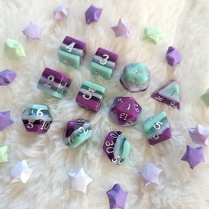 Fae Dragon Dice Set: 11pc Polyhedral Purple Teal Resin DnD Dice