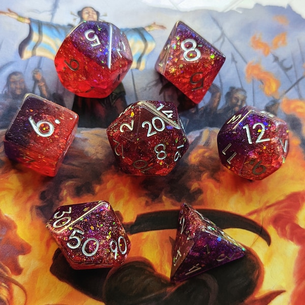 Gambit TTRPG Dice Set- D&D Polyhedral Dice in Red and Purple Resin with Opal glitter and Gold Foil