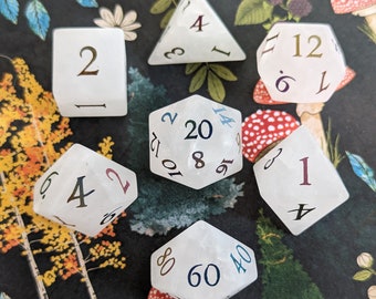Quartz Crystal Gemstone Dice Set | Frosted Real Stone DnD Dice with Rainbow Numbers