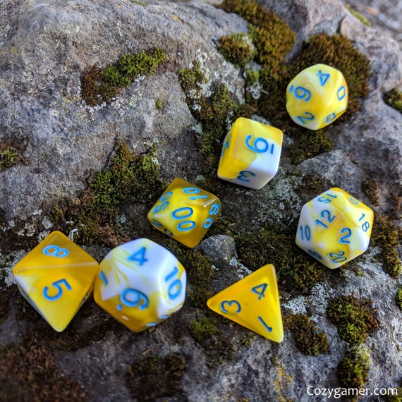 New 7 Piece Polyhedral Translucent Sun Gems Dice Set W// Dice Bag Yellow