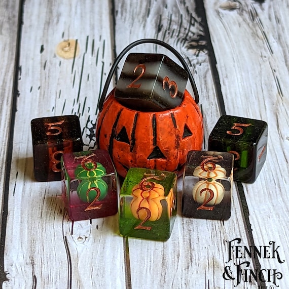 Halloween Pumpkin D6 Dice Set | 6pc Orange Black Resin Six-Sided TTRPG DnD Dice | Autumn Fall Gaming Gift
