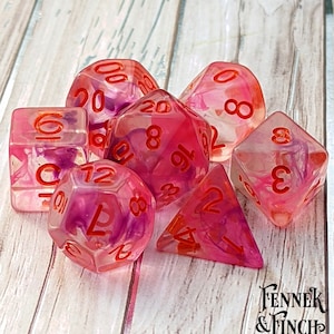 Poisonous Flower DnD 8pc Dice Set, Polyhedral D&D dice, Dungeons and Dragons, Table Top Role Playing. Translucent Pink and Purple ink Dice