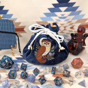 Owl Plush Dice Bag, Navy Blue Embroidered Drawstring Dice Pouch with Moon and Feather Charms