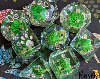 Turtle Dice Set, TTRPG, D&D dice, Dungeons and Dragons Dice Set, Table Top Role Playing. Little Turtles on Water Resin Dice Set. Turtle Dice