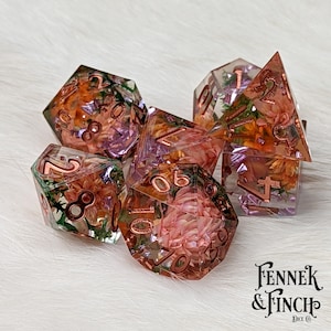 Sunny Garden DnD 7pc Dice Set, Polyhedral D&D dice, Dungeons and Dragons, Table Top Role Playing. Sharp Edge with dried flowers, moss