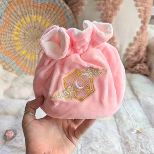 Dreamy Multi pocket dice bag. Transportable dice storage for TTRPG dice and miniatures. D20 moon and clouds embroidered dice bag in pink image 2