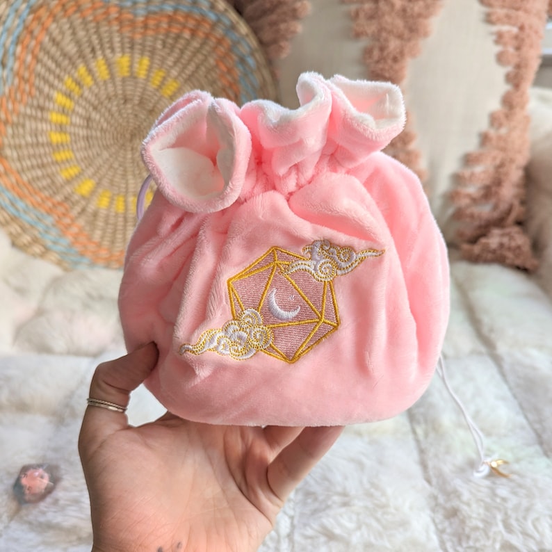 Dreamy Multi pocket dice bag. Transportable dice storage for TTRPG dice and miniatures. D20 moon and clouds embroidered dice bag in pink image 2